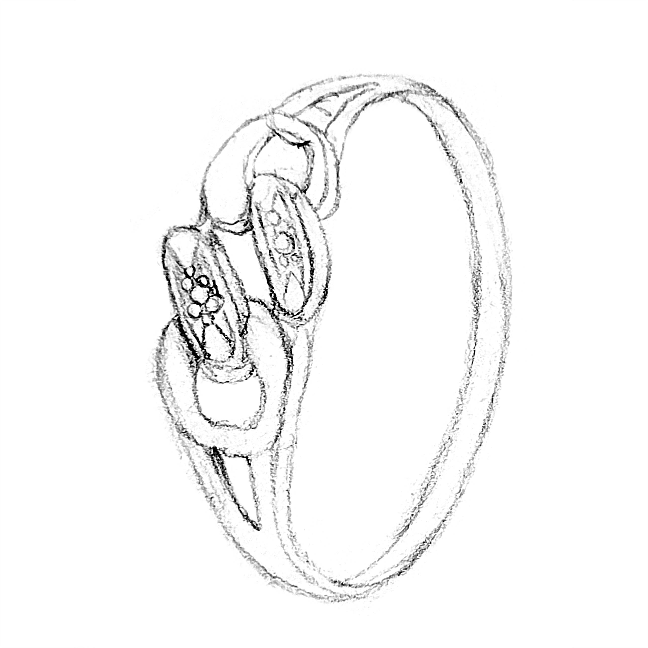 Dessin d'une bague. Le dessus de la bague a un léger enchevêtrement et il y a de petites pierres.