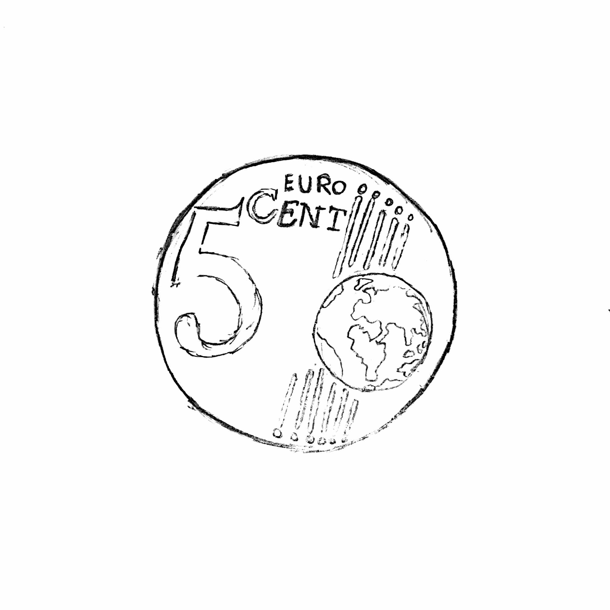 Dessin de face d'une pièce de cinq centimes au trait fin