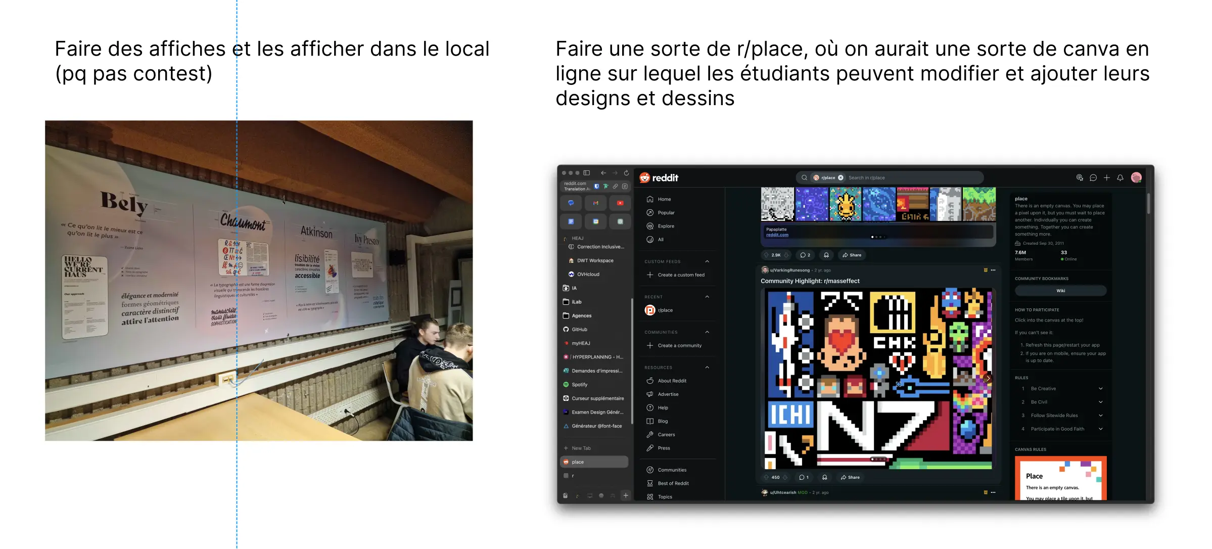 Canva avec deux images présentes. Une avec une photo du B-74, montrant une affiche au mur. L'autre, contenant une capture d'écran du subreddit r/place.