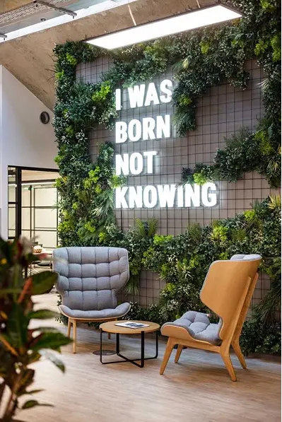 Image d'un mur avec des néons formant la phrase 'I was born not knowing', avec des plantes grimpantes.